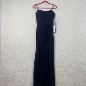 NWT Emerald Sundae Womens Navy Mesh Trim Ruched Scuba Crepe Straped Gown Size L